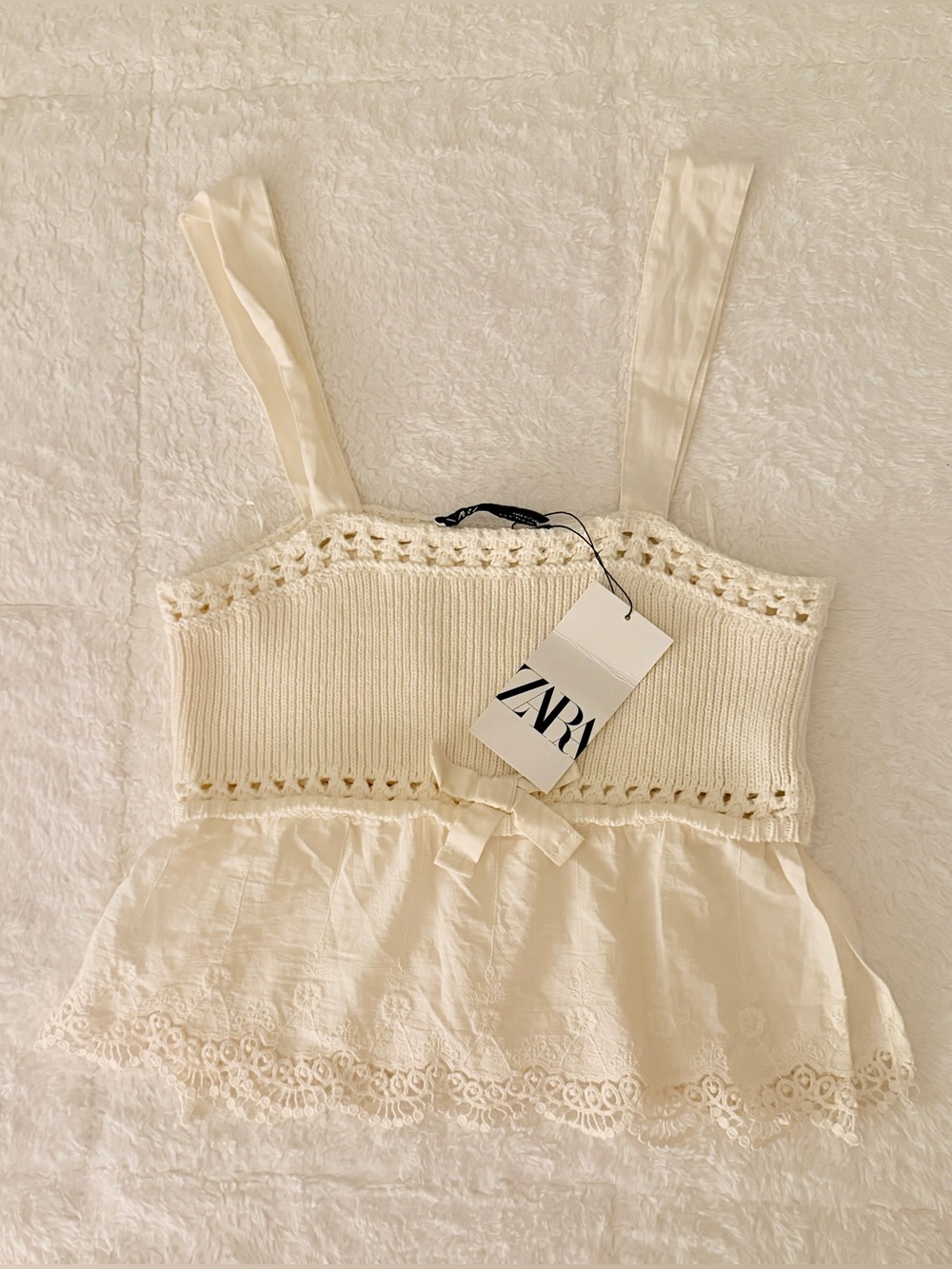 Zara Knit Lace Cream Off-White Babydoll Top